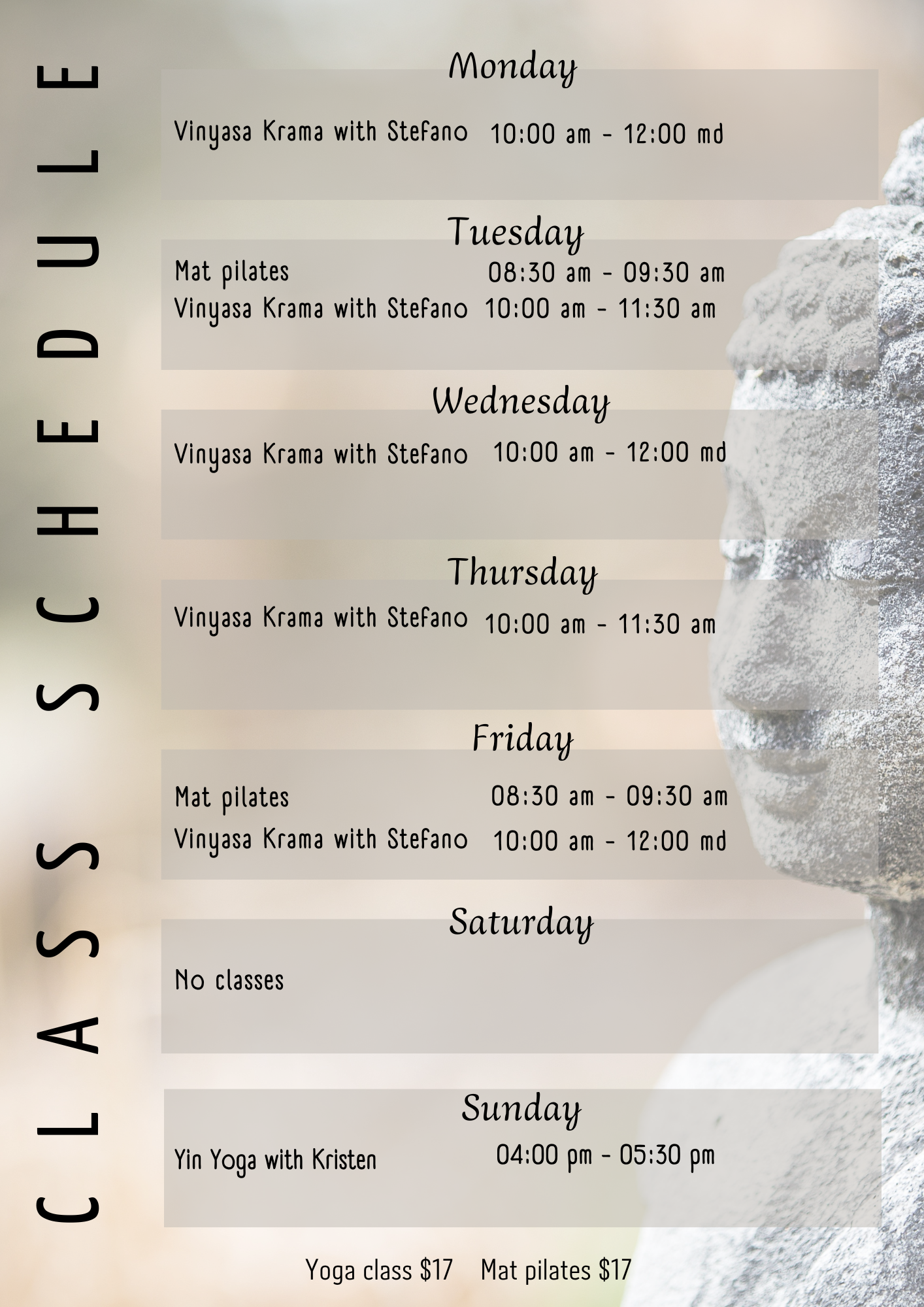 Yoga at Hotel Flor Blanca 06-2025 yoga schedule